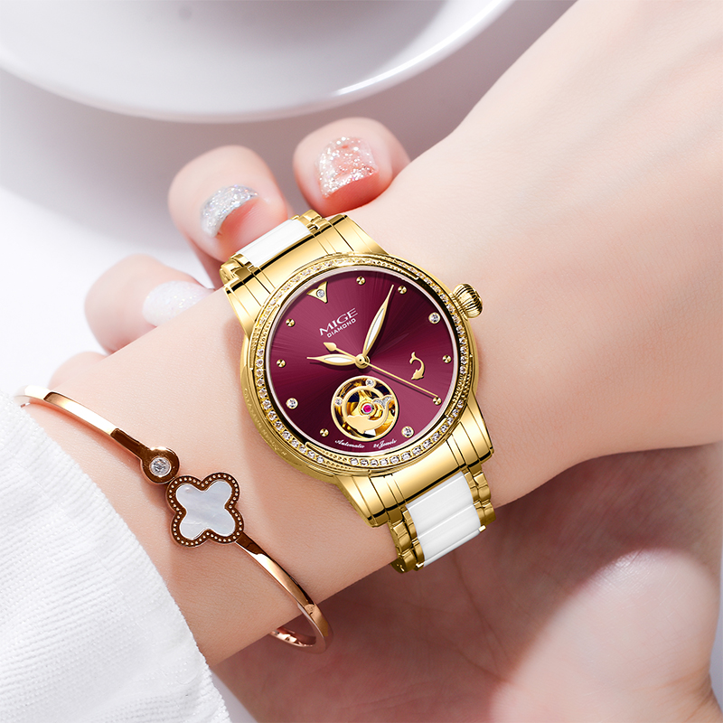 MIGE Ladies Skeleton Auto Watc - Luxury Watch White 评论和价格